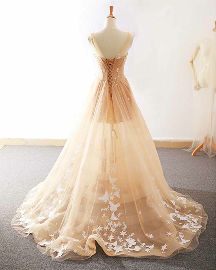 Pretty Champagne Straps Custom Tulle Party Dresses, Lace Applique Formal Dresses